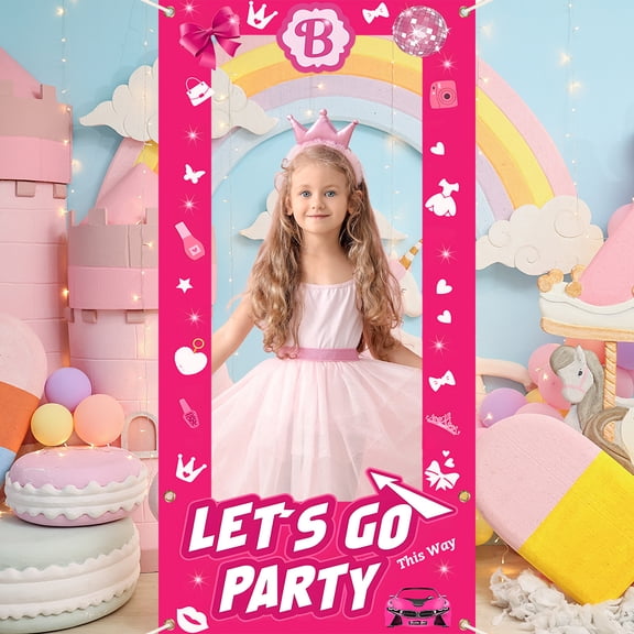 36x72in Pink Doll Princess Lets Go Party Photo Frame for Girls Birthday