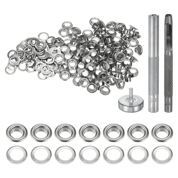 Unique Bargains 100pcs Grommet Tool Kit 4.5mm Grommet Eyelet Set with Hole Hollow Punch, Grommet Setter Tools, Silver Tone