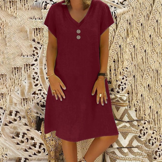 KIHOUT Robes en Lin pour Femmes Été Col en V Couleur Unie Manches Courtes Robe T-shirt à Boutons