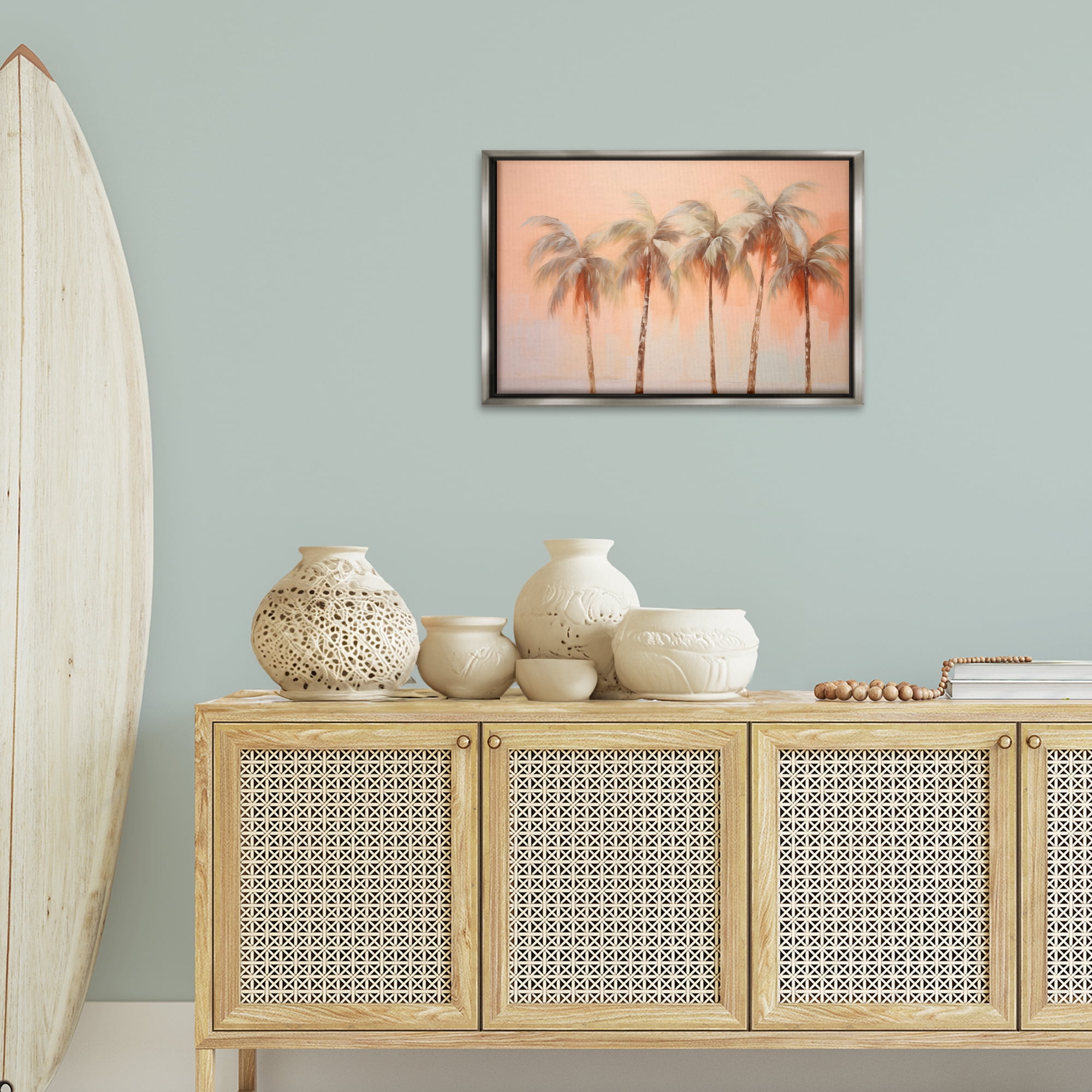 Stupell Industries Soft Palm Tree Lineup Plants & Flowers Painting Gray Floater Framed Canvas Art Print Wall Art, 25 x 17