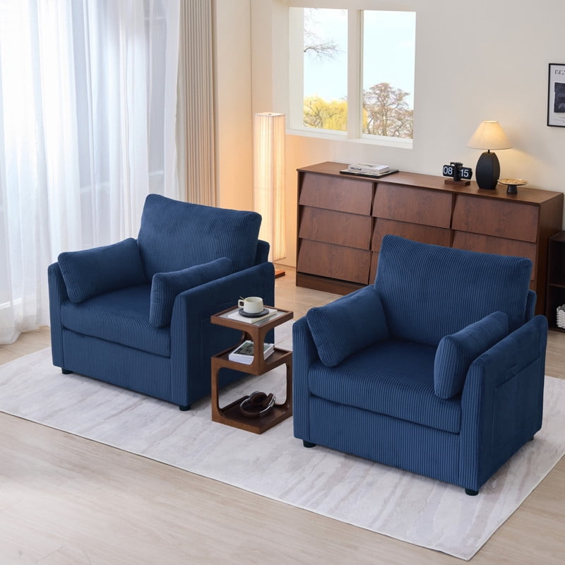 37.75"W Oversized Single Sofa, Corduroy Accent Reading Chair w/ Storage Pockets, Modern Upholstered Armchair w/ 2 Pillows