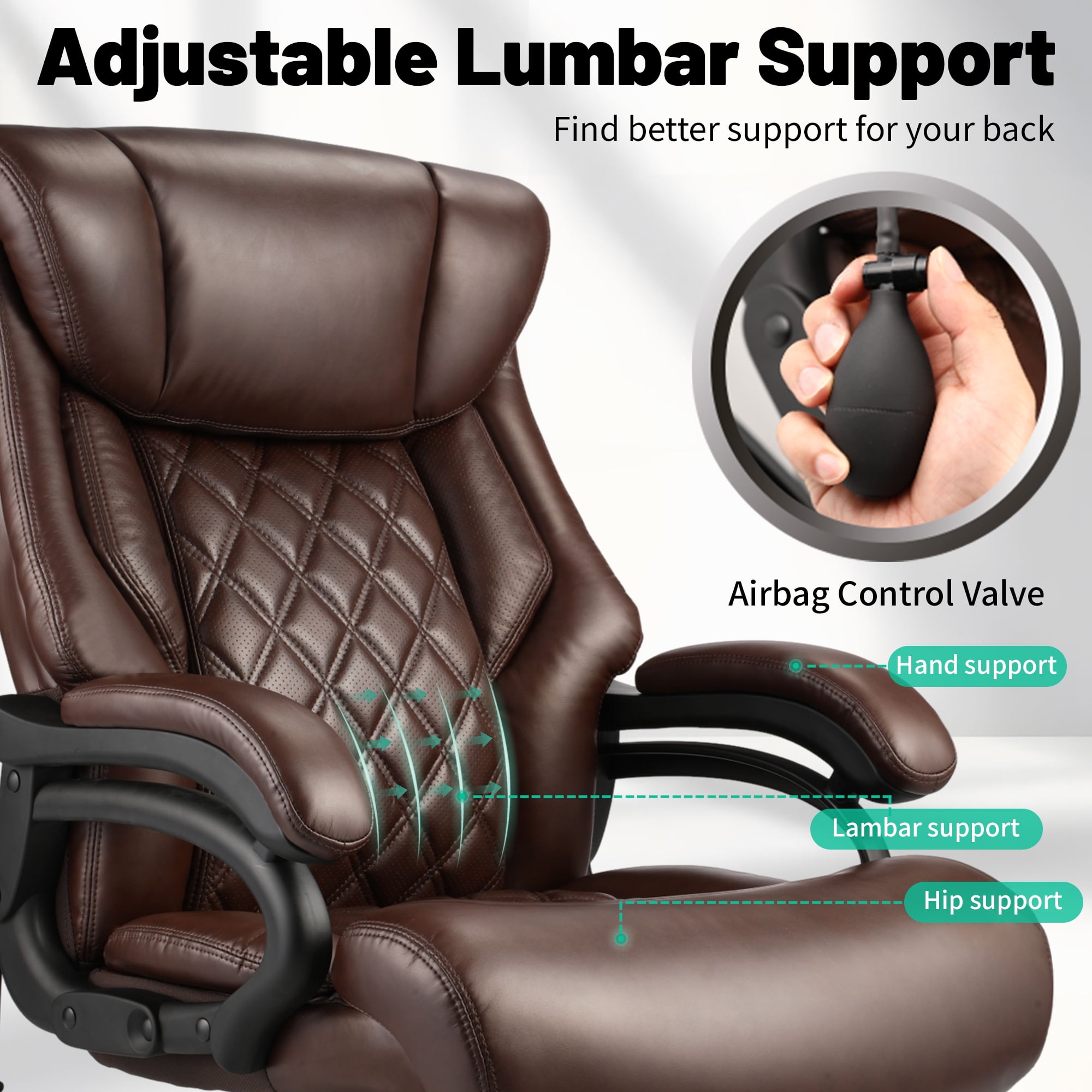 800lbs Executive Office Chairs, Big and Tall Desk Chair with Adjustable Lumbar Support, Leather Computer Chair with Quiet Rubber Wheel and Extra Wide seat