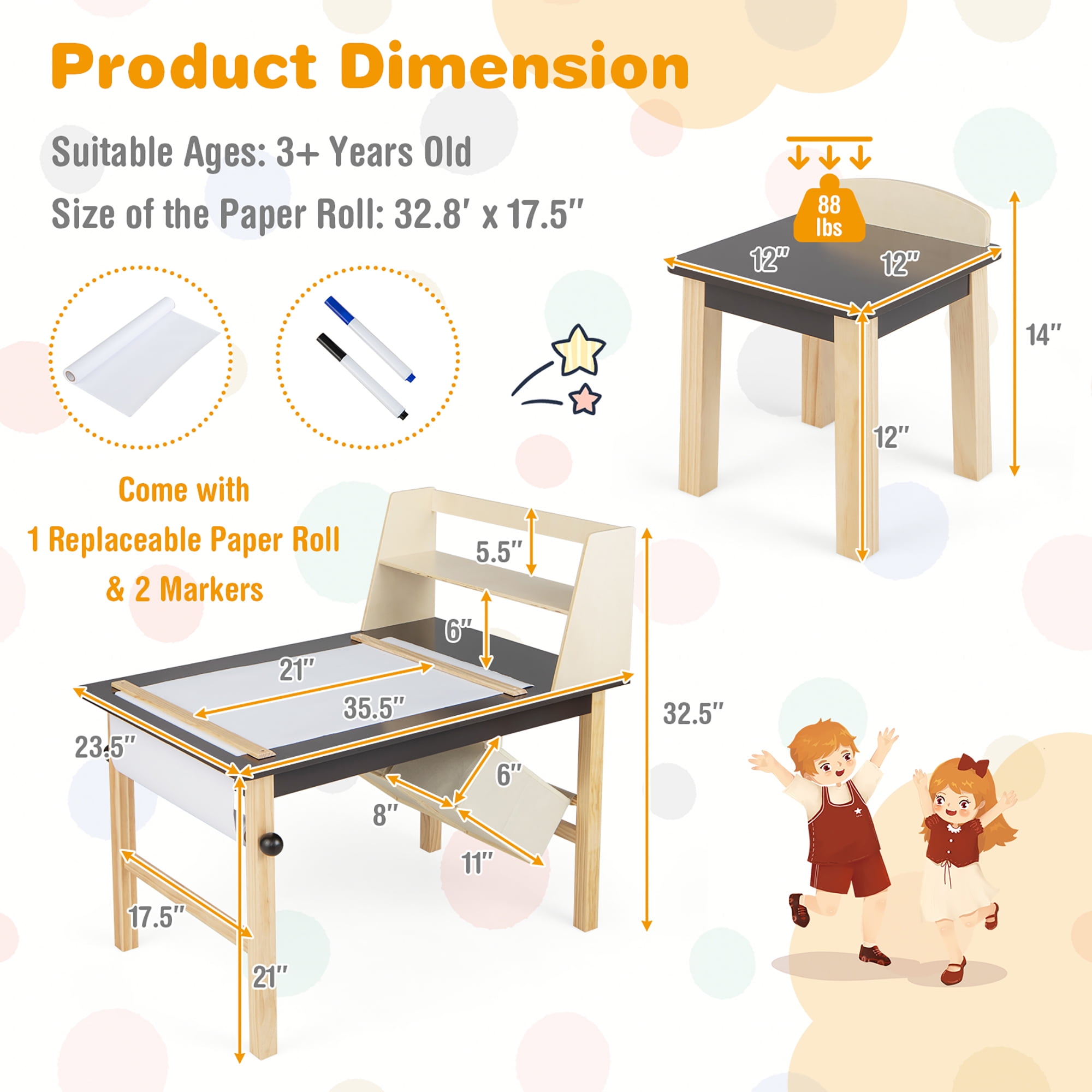 Costway Kids Art Table and Chairs Set with Paper Roll and Storage Bins, Coffee/Natural
