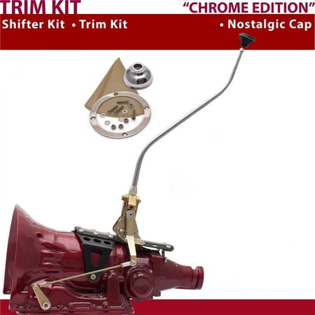 American Shifter TH400 Shifter Kit Chrome 23 in. Swan Trim Kit Push Button Cap Tan Boot Ringd Knob for DE8A9