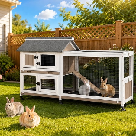 PETSCOSSET 2‑Story Indoor & Outdoor Large Rabbit Hutch with 3 Pull‑Out Trays, 6 Lockable Wheels, Wooden Bunny Cage with Asphalt Roof & 6 Access Doors for 2‑4 Rabbits, for Home, Backyard, Patio