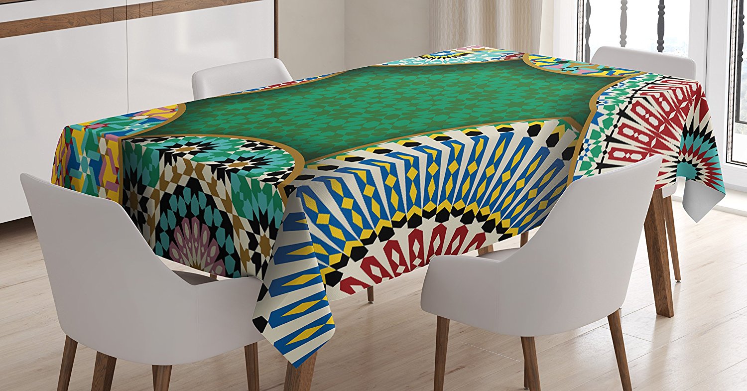 Moroccan Tablecloth Decor by , Oriental Motif with Mix of Hippie Retro Circle Morocco Mosaic