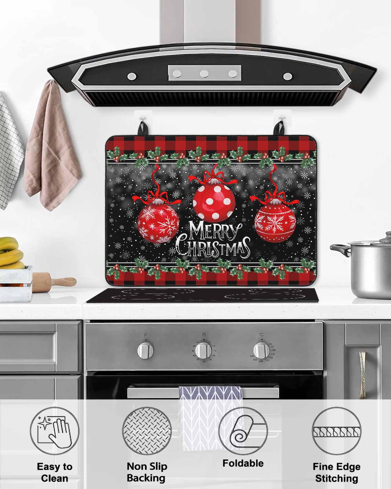 Large Induction Cooktop Protector Mat Red Christmas Balls Stove Top Covers for Electric Stove, Winter Snowflakes Xmax Berry Plaid Decorative Stove Burner Cover Mats, Glass Top Stove Cover