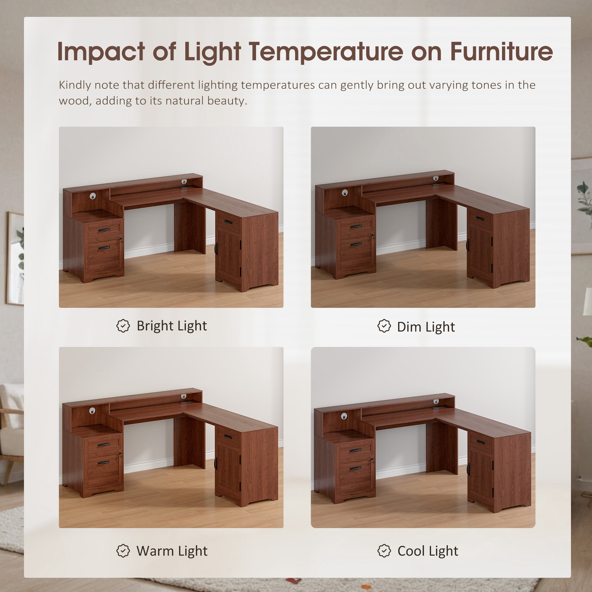 63'' Farmhouse L Shaped Desk with Drawers, Corner Computer Desk with Monitor Stand for Home Office, Cherry Brown