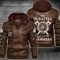 thumbnail image 2 of Men's PU Leather Jacket with Removable Hood and Odin Pattern Printed Motorcycle Jacket, 2 of 5