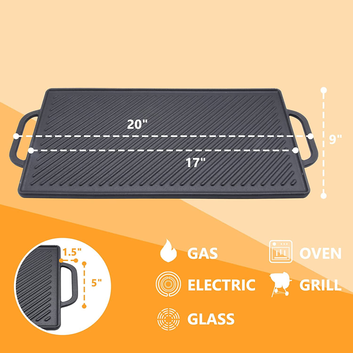 GasSaf Cast Iron Reversible Grill Griddle，Double Sided Grill Pan Perfect  for Gas Grills and Stove Tops, 13 x 8.25 Rectangular Baking Flat and Ribbed Griddle  Plate 