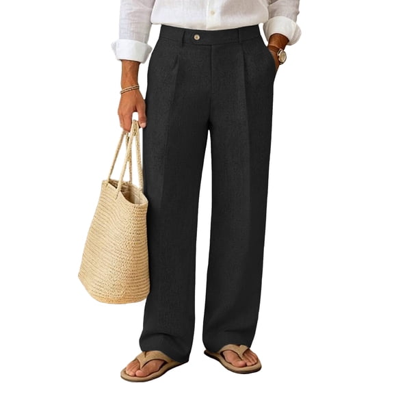 FEDTOSING Mens Linen Casual Dress Pants Old Money Pleated Baggy Wide Leg Vintage Relaxed Fit Trousers