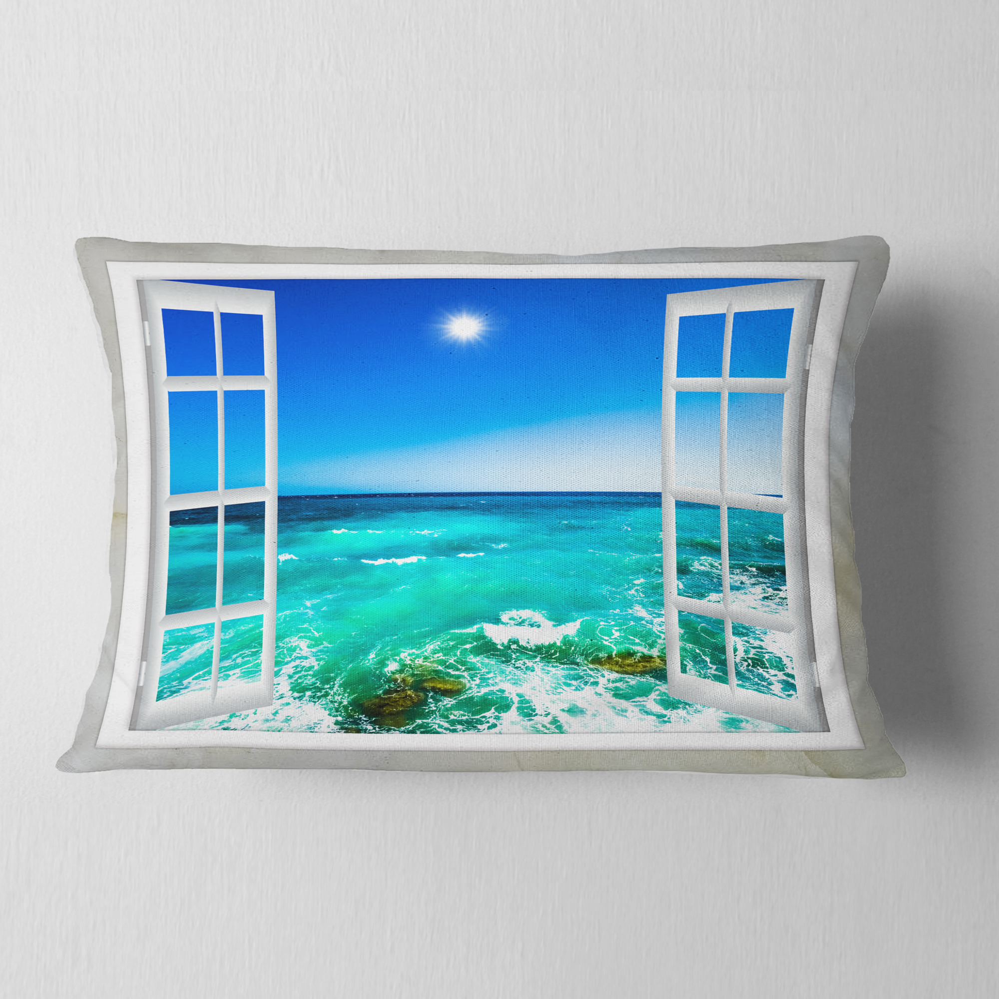 Designart Open Window to Wavy Ocean - Seashore Throw Pillow - 12x20