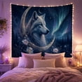 thumbnail image 2 of Wolf Under Full Moon, Aurora and Lotus Mystical Fantasy for Wildlife Lovers, Celestial Nature Decor, Halloween Gift Tapestry Wall Hanging for Bedroom, Living Room, 2 of 7