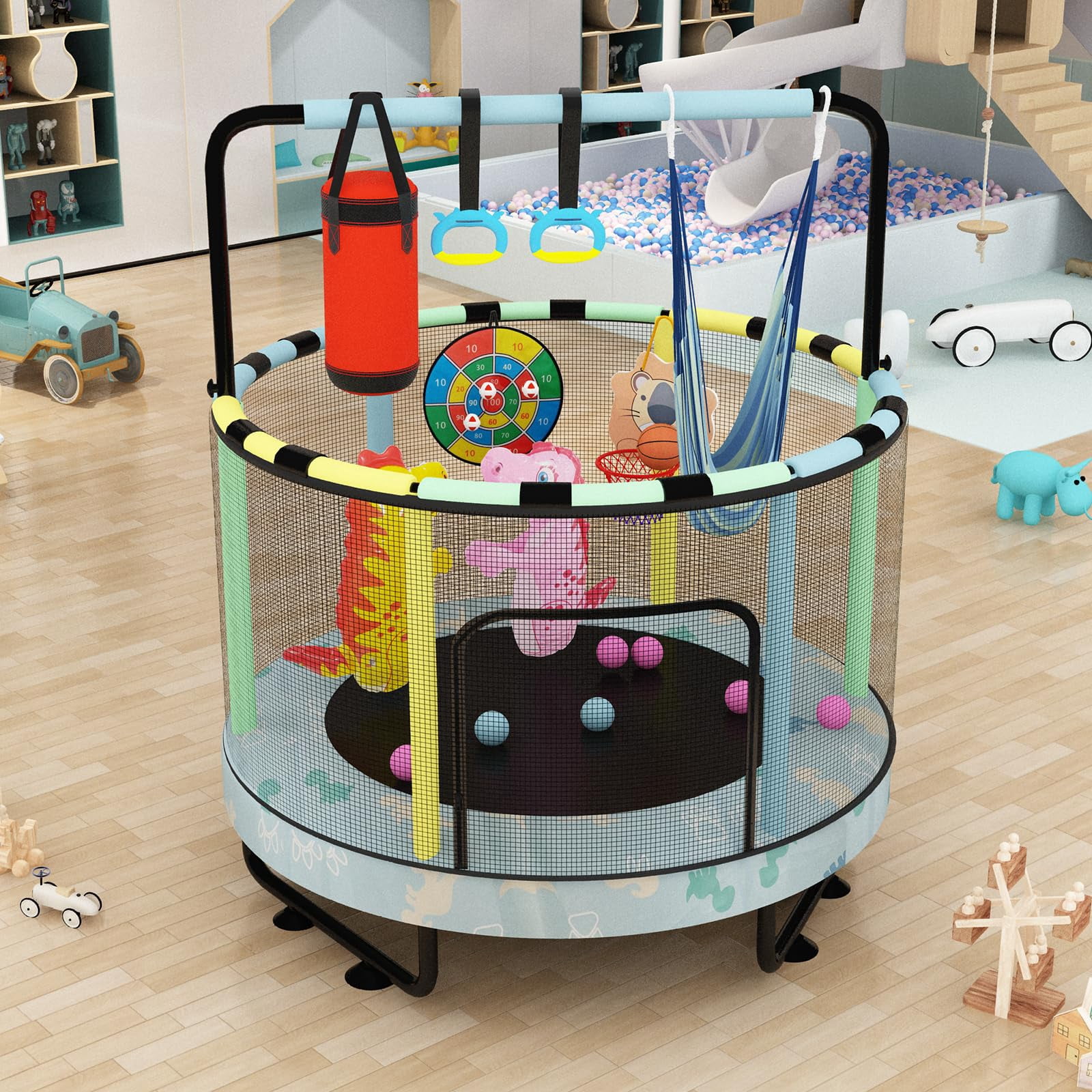 Baxluxe 55" 7-in-1 Upgraded Kids Trampoline, Reinforced Safe Design with Adjustable Height & Net, 500lbs Capacity Indoor and Outdoor Mini Trampoline for Boys & Girls Ages 3-8, Blue Dinosaur
