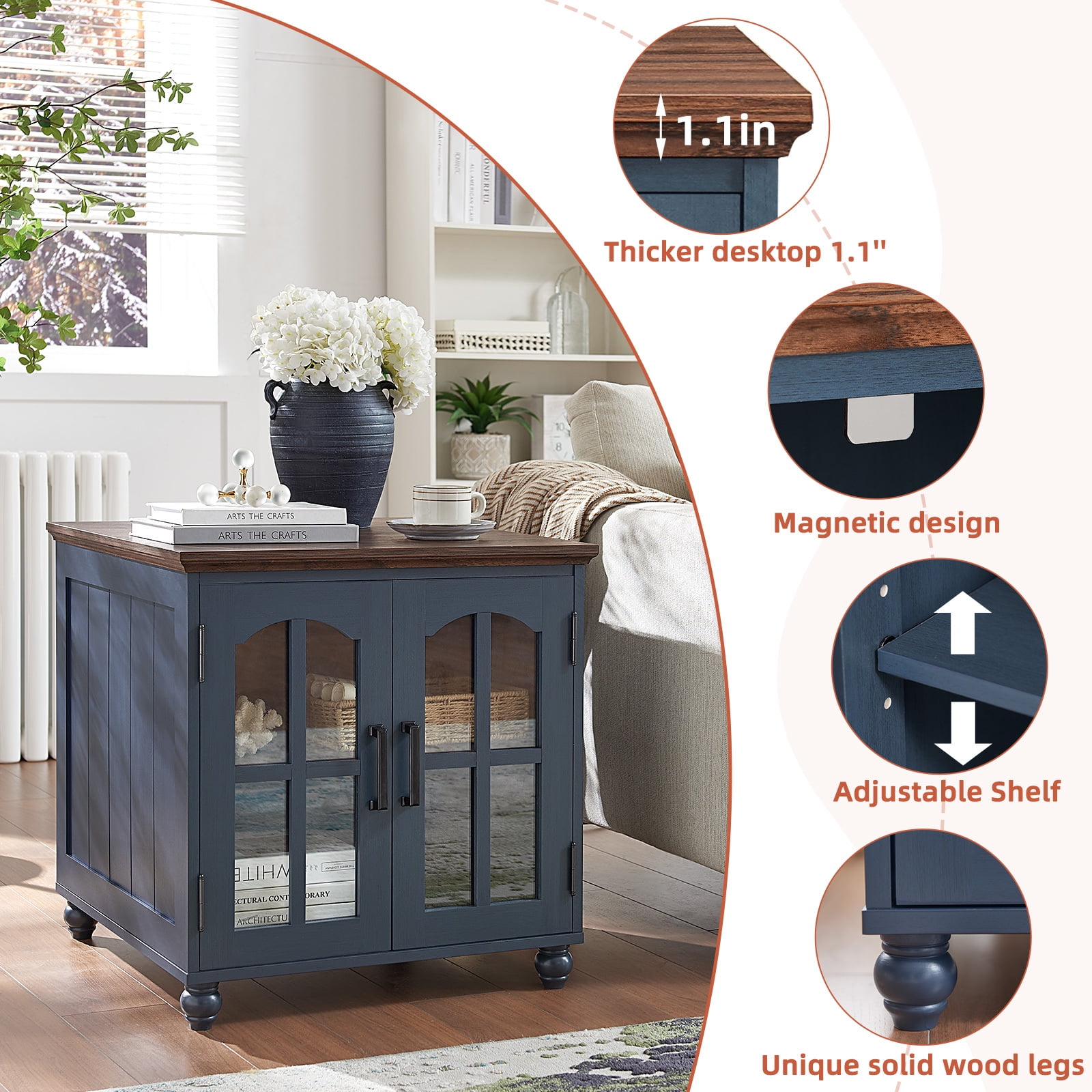 Farmhouse End Table with Charging Station, 24" Large Sofa Side Table, Glass Barn Door, Adjustable Storage Shelf, Rustic Wood Square Nightstand for Living Room, Bedroom, Office - Blue