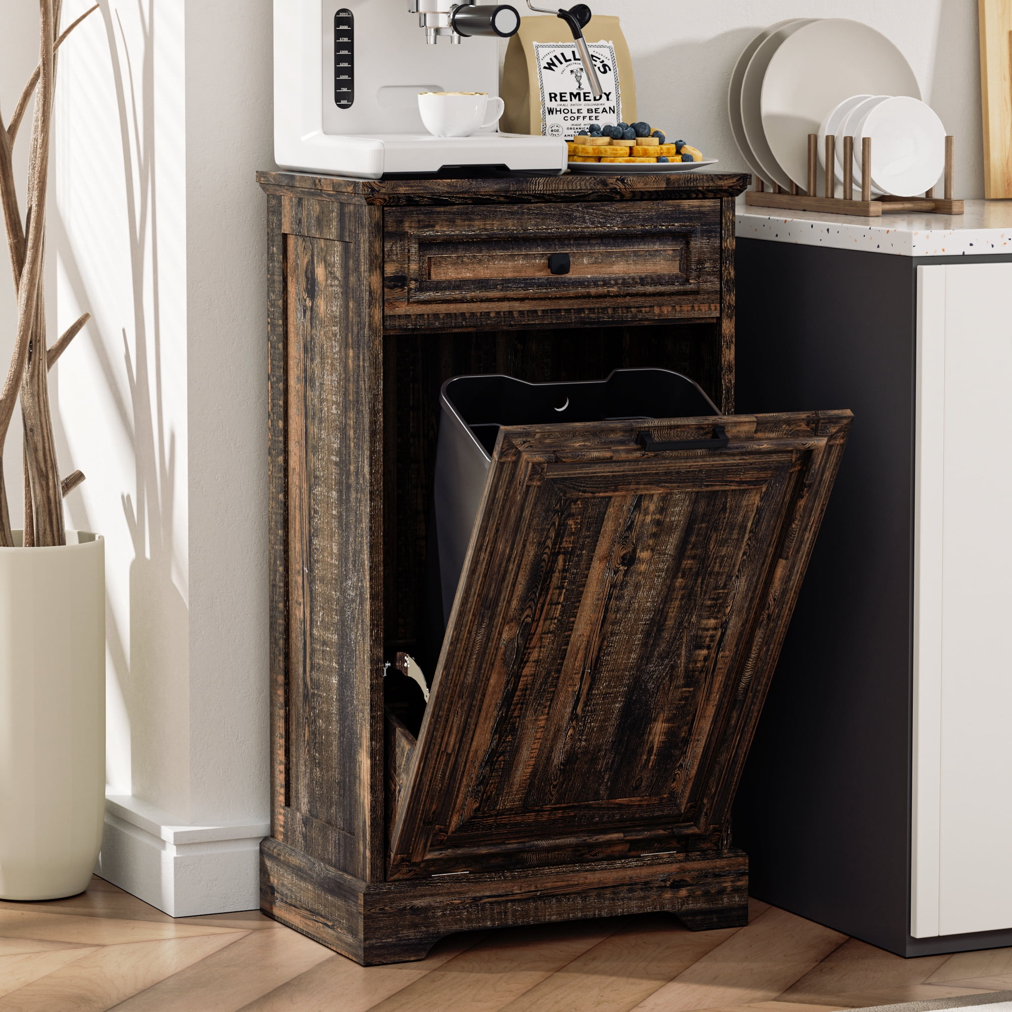HARIPUL 13 Gallon Tilt Out Trash Cabinet for Kitchen, Single Kitchen Trash Can Cabinet with Drawers, Dark Brown