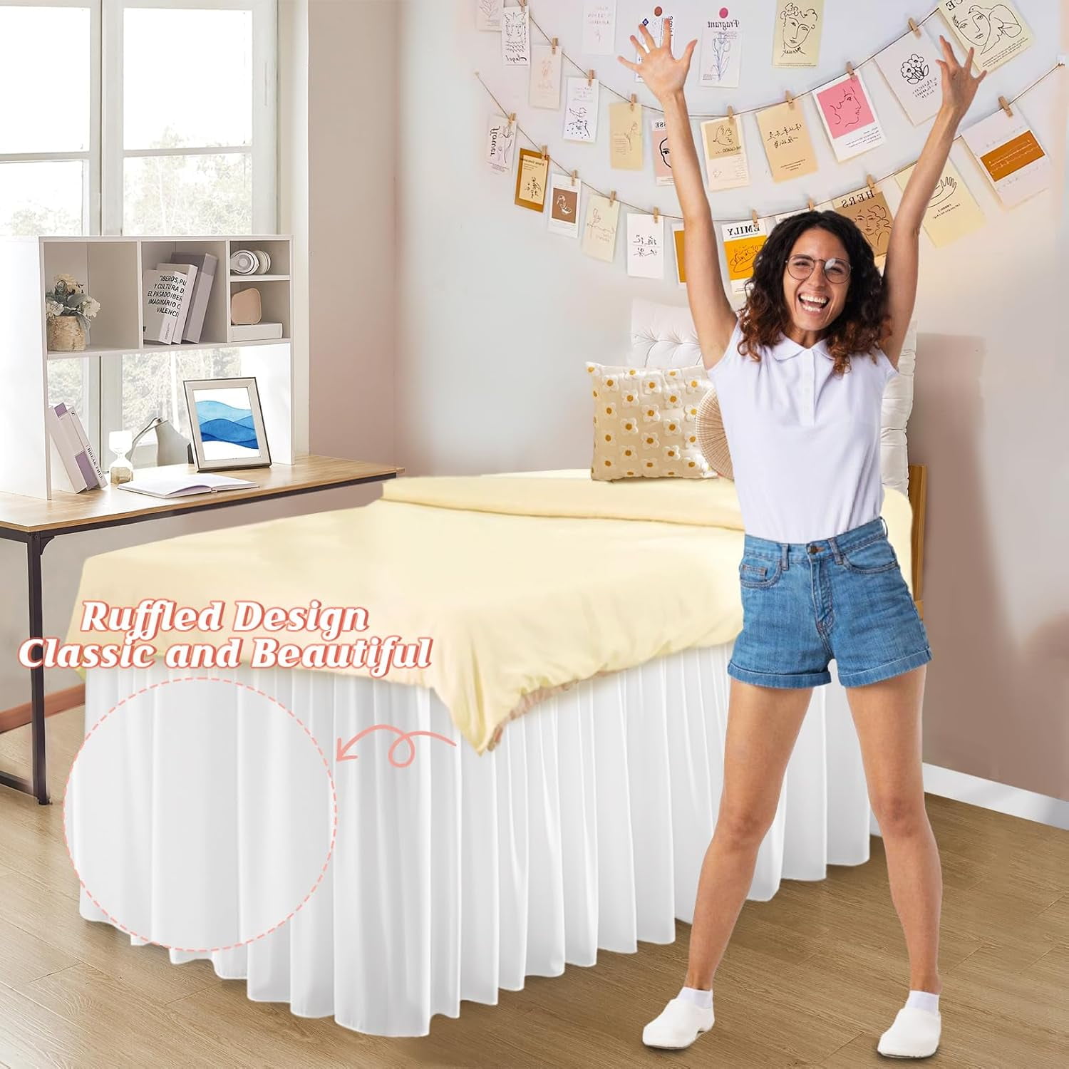 Dorm Bed Skirt for Twin-XL - 42" Drop College Dorm Room Bed Skirt, Pre-Shrunk Fabric Long Bed Skirt, Cute Ruffled Style Dorm Essentials for Students Girl Decoration & Hide The Clutter (White)