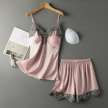 

Ovzne Women Sexy Sling Shorts Lace Trim Two Piece Home Service Homewear Pajamas Set