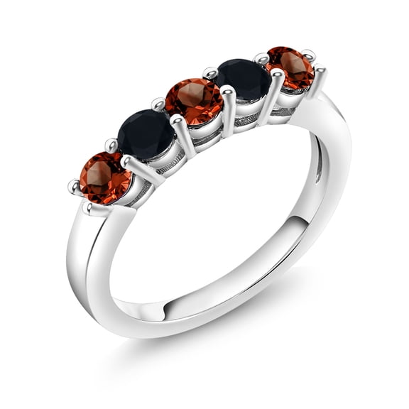 Gem Stone King 925 Sterling Silver Red Garnet and Black Onyx 5-Stone Wedding Anniversary Band Ring for Women (0.86 Cttw, Gemstone January Birthstone, Size 6)
