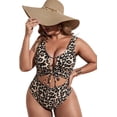 thumbnail image 1 of Women's Plus Leopard Cut Out One Piece Swimsuit Tie Front Wireless Padded Bathing Suit, 1 of 4