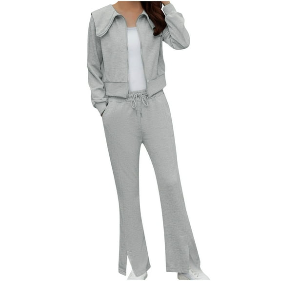 STETMN Women's Plain 2 Piece Tracksuit Full Zip Lapel Jacket Drawstring Split Sweatpant Lounge Sets