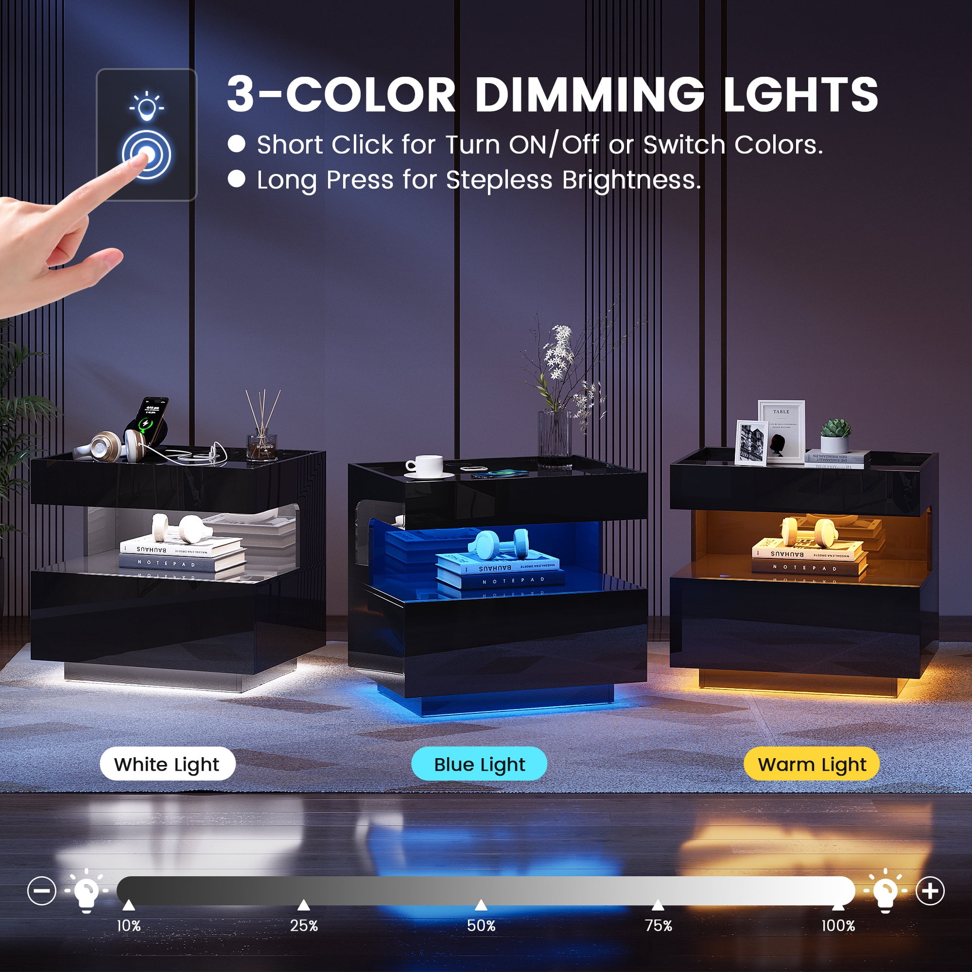 VKCC Modern LED Nightstand with Open Shelf, 2-Drawer Bedside Table with Charging Station, Black