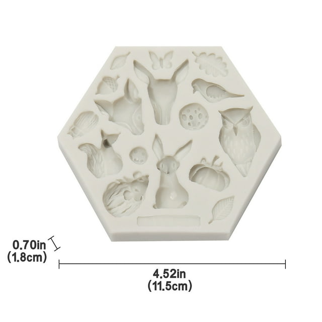 EGNMCR Cake Mold Easter Cake Chocolate DIY Shape Baking Cake Silicone mold in a hexagonal design. The mold features various Easter-themed shapes, including a rabbit, owl, butterfly, bird, and other decorative elements like leaves and flowers. Made of food-grade silicone, it is grey in color, flexible, and measures 11.5 x 11.5 x 1.8 cm. Suitable for baking, candy making, and crafting, it is microwave and oven safe, with a temperature range of -40 to 230°C.