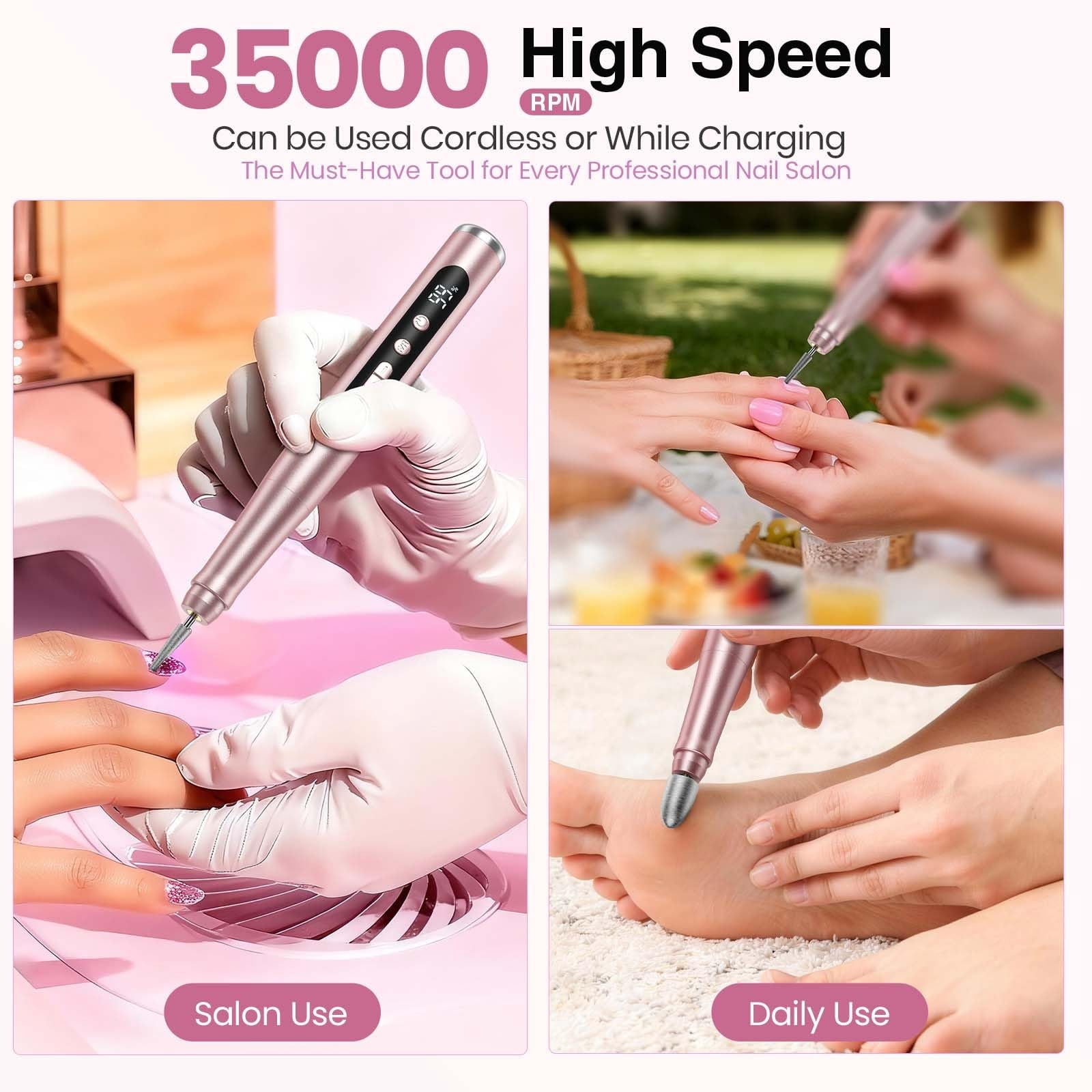 Cordless 35000RPM Nail Drill, Rechargeable Electric Nail File with LCD Display, Low Noise Low Vibration Professional Manicure Pedicure Set for Acrylic Gel Nails, Hand and Foot Care