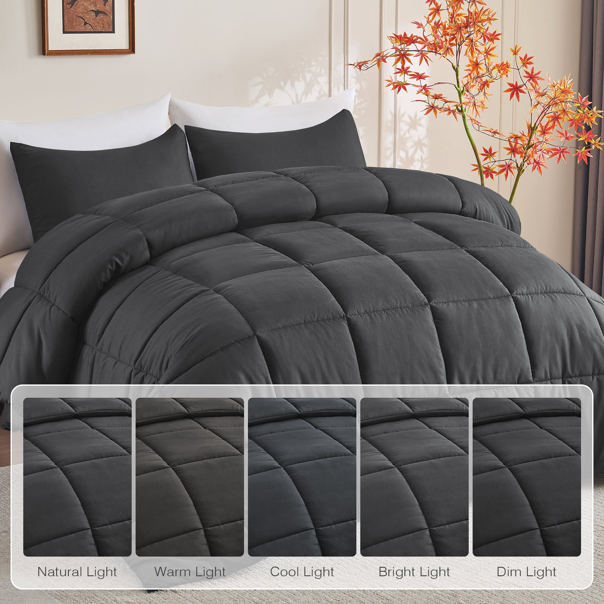 Mosluna Queen Size Comforter Sets, 3 Piece Soft Quilted Bedding Sets, All-Season Down Alternative Comforter with 2 Pillow Shams, Dark Gray