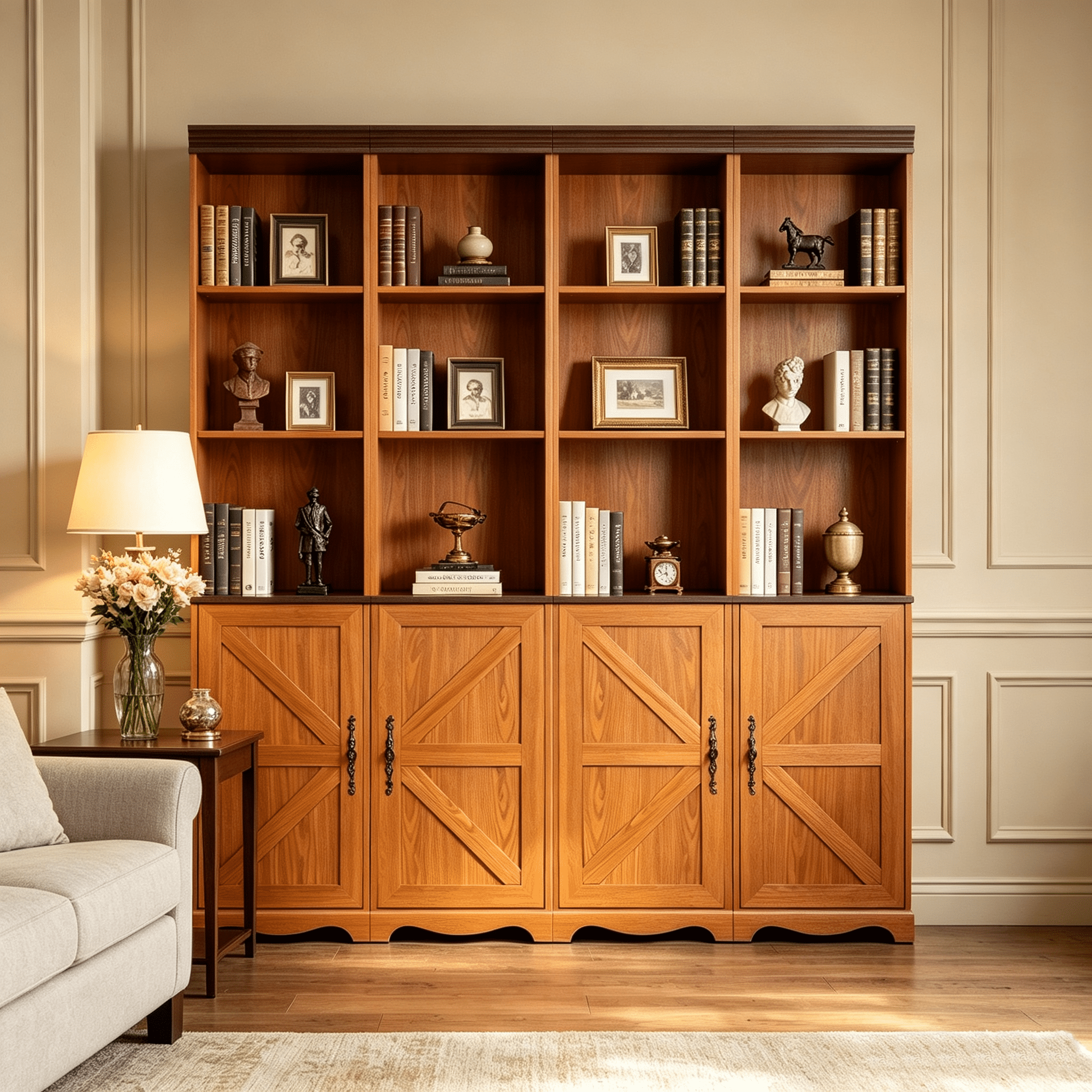 71" 4 Pcs Combined Storage Bookshelf Cabinet, 3 Tier Bookcase with Adjustable Shelf and Closed Cabinets
