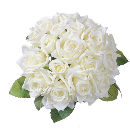 Artificial Flower Rose Bouquet 1Pack Fake Flower Silk Plastic Artificial White Rose 18 Bridal Wedding Bouquet Home Garden Party Wedding Decoration (Milk