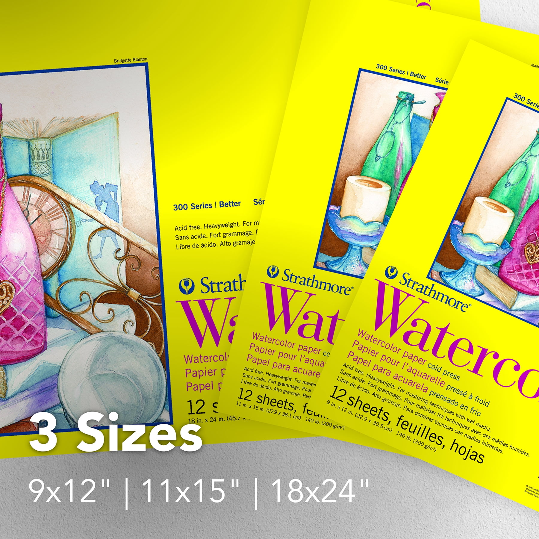Strathmore 300 Series Watercolor Pad, Cold Pressed, Top Wire Binding, 12 Sheet, 9x12 inch, Pack of 3