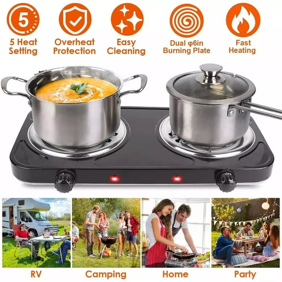 Beiled 2000W Electric Double Burner 110V Hot Plate Heating Cooktop Camping Dorm Stove Cooker with 5 Adjustable Temperatures