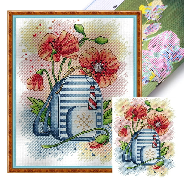 (J699) Hilo Algodón Ecológico para Bordado No Manchú 14CT 2 Hebras Impresión Kit Serie Mochila Escolar Y Flores 18*22cm (borde Gancho)