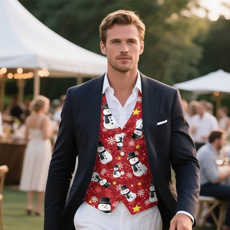 mens christmas dress vests Mens Christmas Suit Vest Snowflake Santa Xmas 3D Graphic Vest Funny Holiday  Sleeveless Waistcoat Tops Party Outfits at Amazon Men's Clothing store