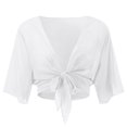 thumbnail image 5 of 2DXuixsh Womens Cardigan Sweaters Simple Women Tie Front Chiffon Short Sleeve Cropped Sheer Bolero Cardigan Crew Neck Classic Sweater Knit Cardigan White Size M, 5 of 6