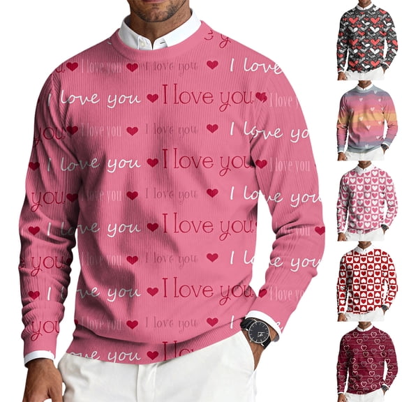 yuCgh Men's Heart Print Ribbed Knit Long Sleeve Pullover, Round Neck Casual Sweater for Valentine's Day, Comfort Fit Soft Fabric Relaxed Style,Hot Pink L