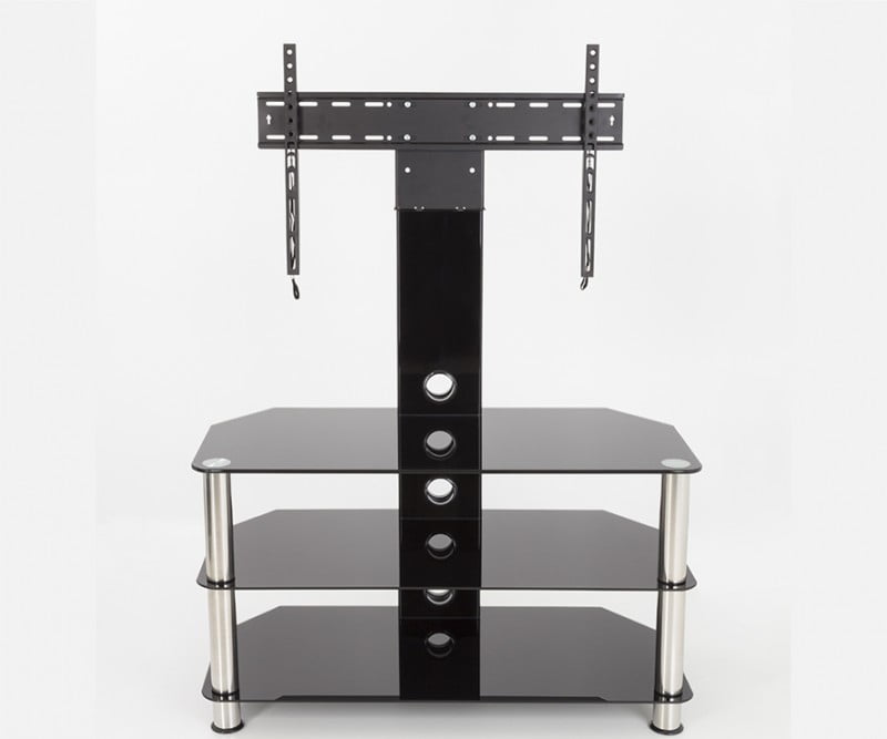 Black Glass TV Stand Chrome Legs 3 Tier Storage Shelves for 60 Inch Flat Screens 