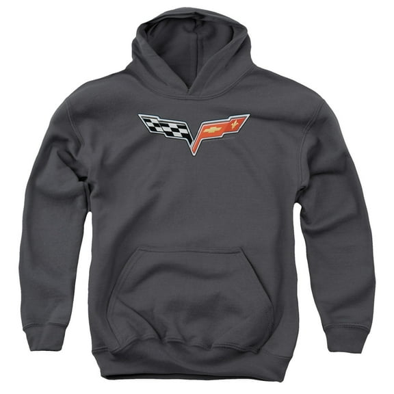 Trevco CHV158-YFTH-4 Chevrolet & the Vette Medallion Youth Pull-Over Hoodie, Charcoal - Extra Large