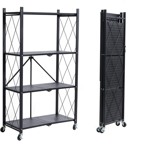 4-Tier Foldable Storage Shelves with Wheels, Folding Metal Rack Shelving Unit, Heavy Duty No Assembly Organizer Shelf for Garage, Kitchen, Basement, Pantry, Black