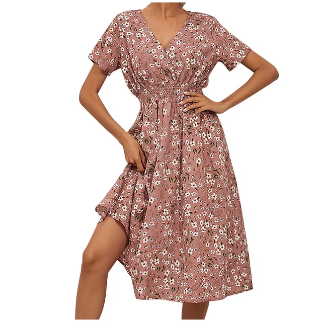 RKSTN Robes pour Femmes 2023 Mode Été Décontractée Manches Courtes Col en V Longueur Genou Robe Imprimée Florale Ajustée Midi