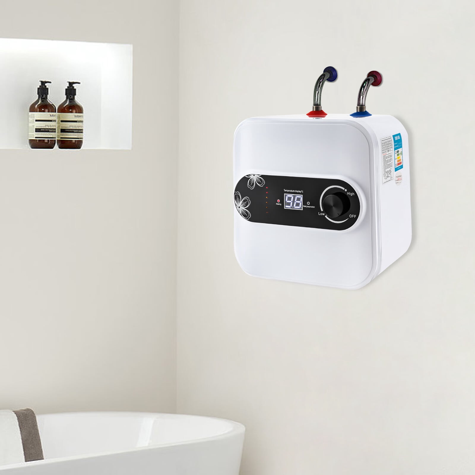 Aiqidi 1500W 110V LCD Electric Water Heater 8L Vertical Mini-Tank Instant Hot Water Boiler White for RV Kitchen Bathroom Under Sink Counter Cupboard IPX4 30-65°C