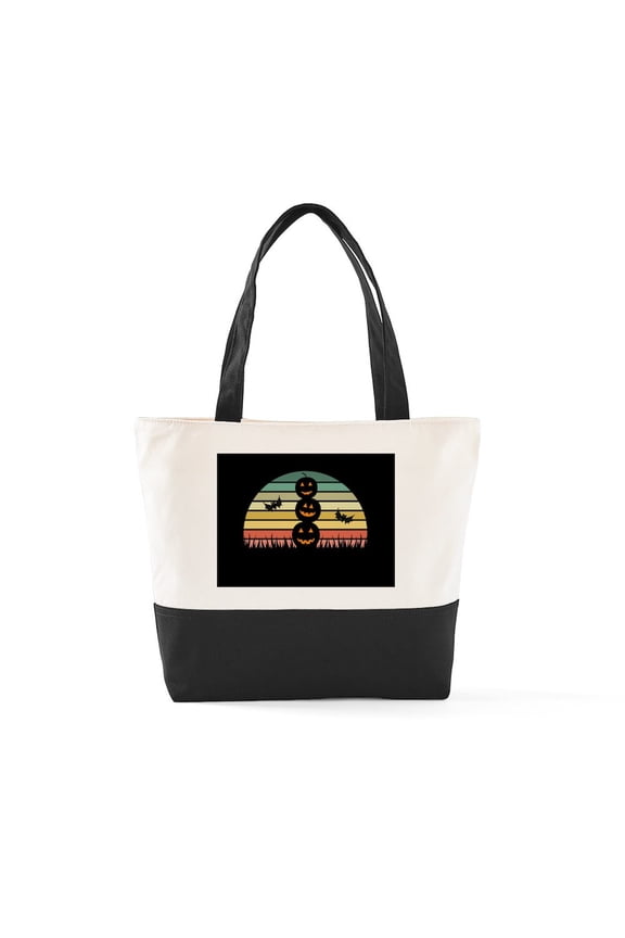 - Halloween Retro Sunset Pumpkins Bats Zipper Tote B - Two Tone, 100% Cotton, Zipper Tote Bag