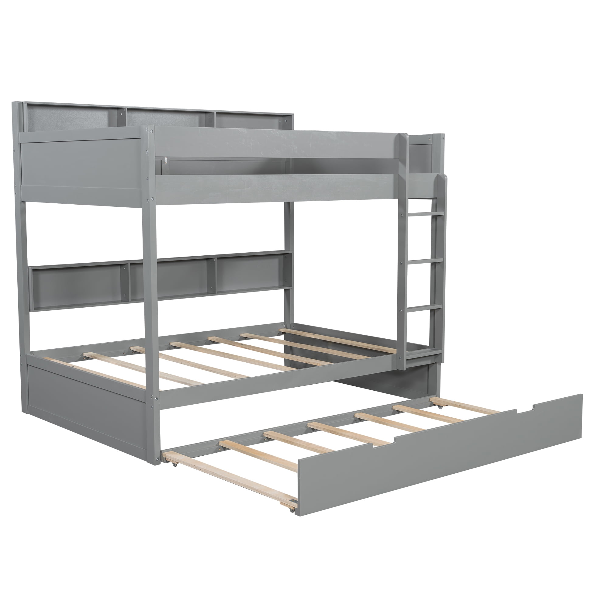 Euroco Wood Twin over Twin Bunk Bed with Storage Shelves and Trundle, Gray