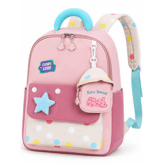 Lomyolo Kids Backpack for Girls 3-8, Small School Backpack for Preschool Kindergarten, Lightweight Toddler Backpack with Cartoon Patterns, Oxford Bookbag for Travel-PINK