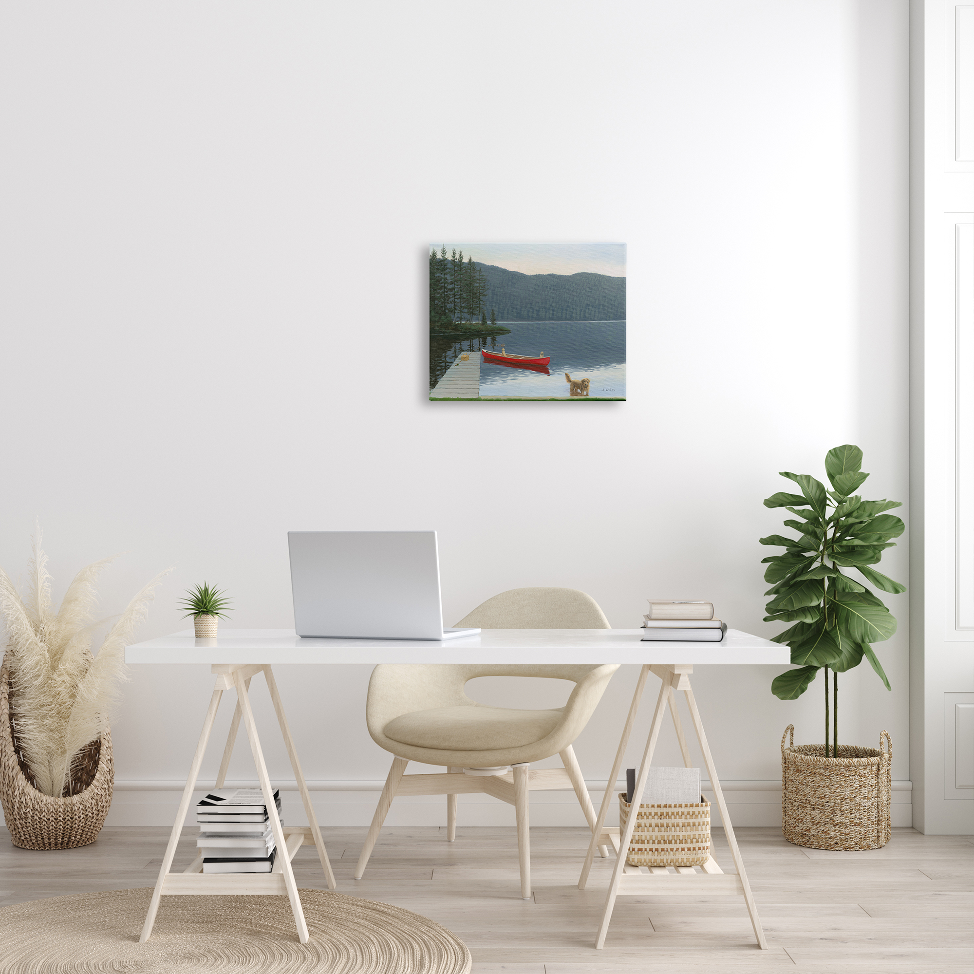 Docked Row Boat Lake Forest Landscape Pet Dogs 20 in x 16 in Painting Canvas Art Print, by Stupell Home Décor