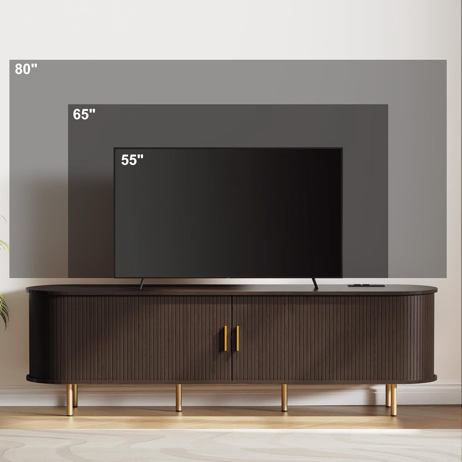 70.8 Inch Mid-Century Modern TV Stand with Power Outlet and Sliding Doors, Entertainment Center with Adjustable Storage Shelves, for TVs up to 80 Inches, Dark Walnut