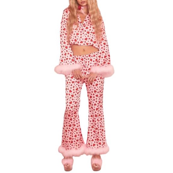Women 2 Piece Lounge Set Heart Print Long Sleeve Shirt and Pants Feather Trim Pajamas Valentines Day Outfit