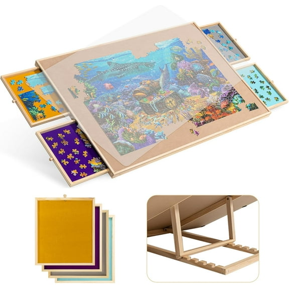 1500-Pc Tilting Puzzle Board with 4 Colorful Drawers & Cover, Adjustable Jigsaw Puzzle Table with Built-in Easel/Stand, Portable Tables with Storage for Adults, with Premium Flannel Tabletop