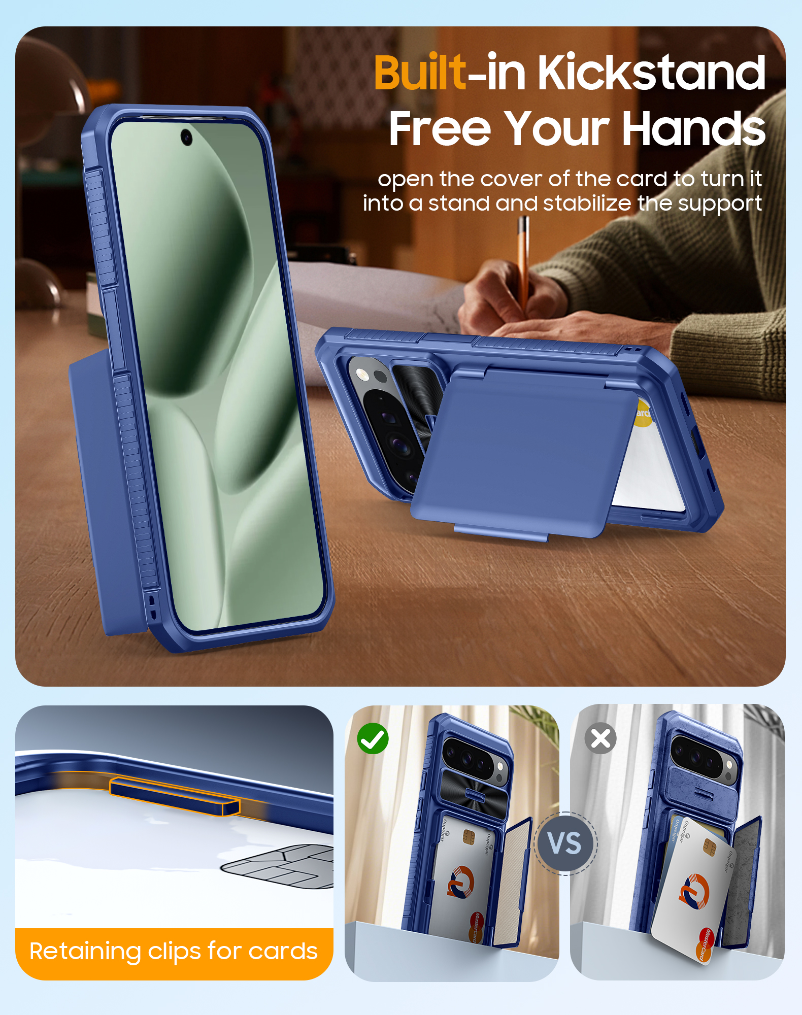 Vizvera for Google Pixel 10 Pro XL Wallet RFlD Cards Holder,Camera Control,Camera Cover,Rugged Shockproof Silicone Protective Phone Case-Blue